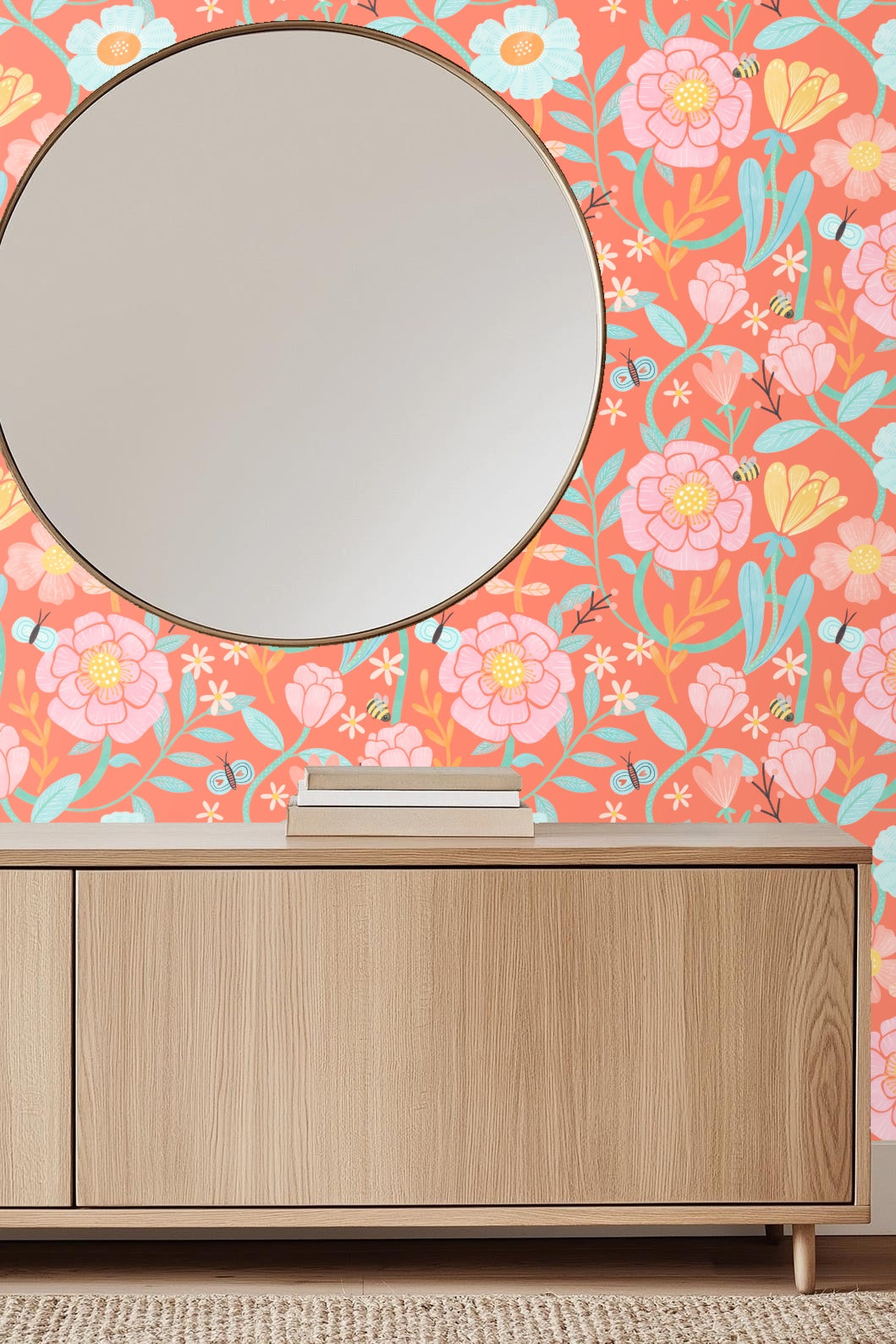 Original artwork showing vibrant coral background with pink and blue flowers, bees, and butterflies