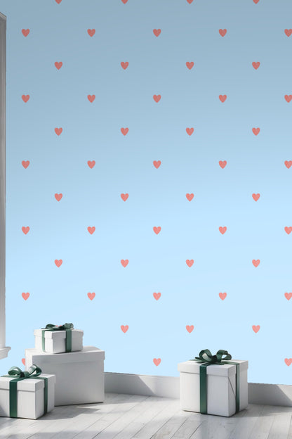 Hand-drawn coral heart pattern on powder blue background wallpaper design