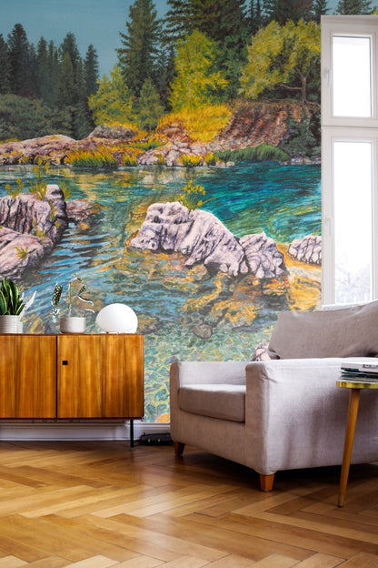 Close-up of crystal-clear turquoise river water flowing over natural rocks in wallpaper design.