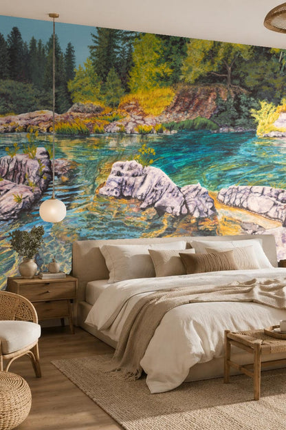 Detailed landscape wallpaper artwork featuring clear river water, rocky riverbank, and pine trees.