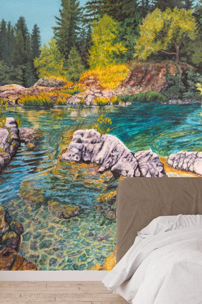 Rustic rocky formations protruding from clear river water, detailed in mural design.