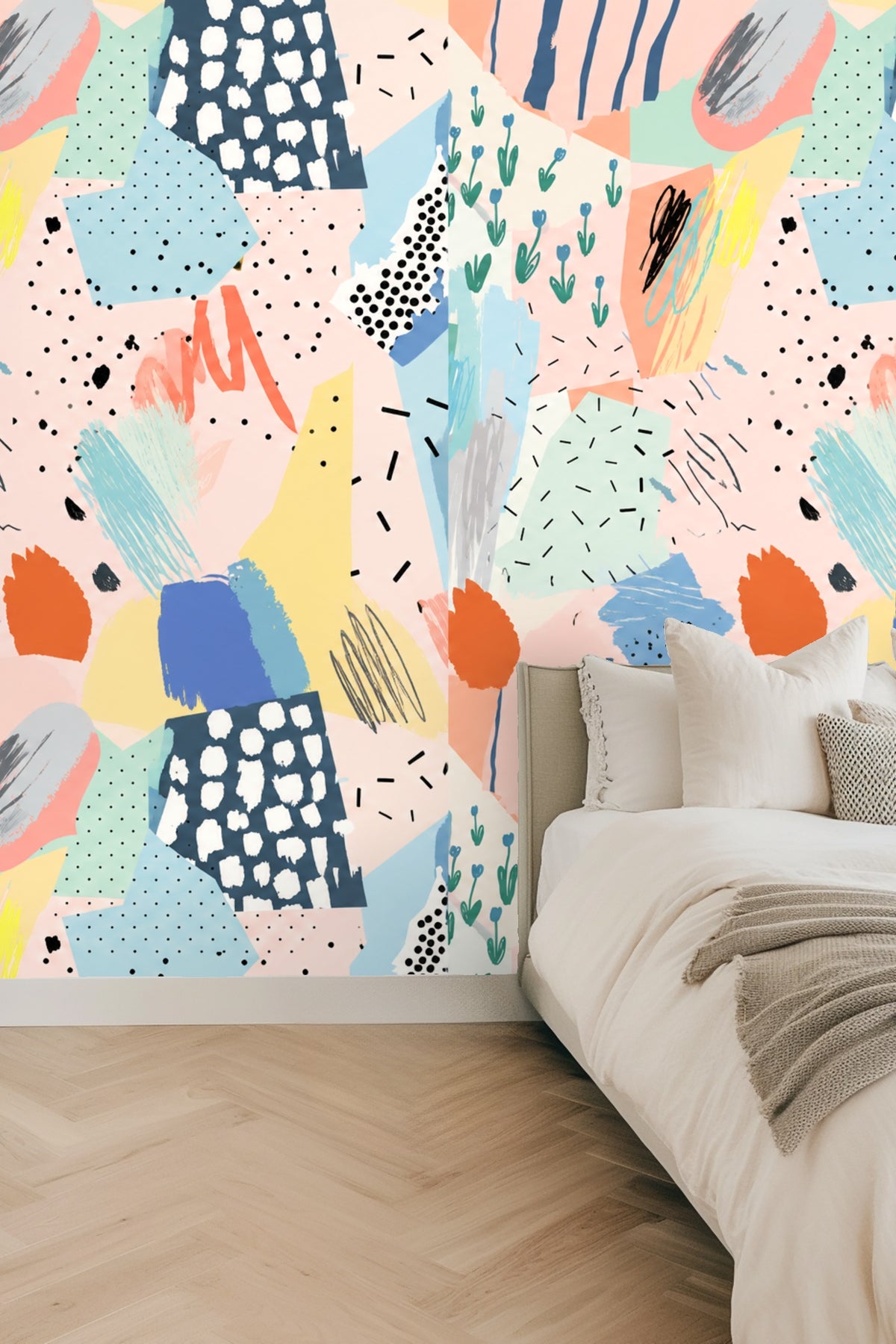 Pastel Collage Mosaic wallpaper shown in an interior setting