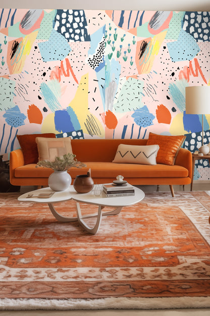 Contemporary room with bench and pastel mixed-media collage wallpaper, showing scale and atmosphere