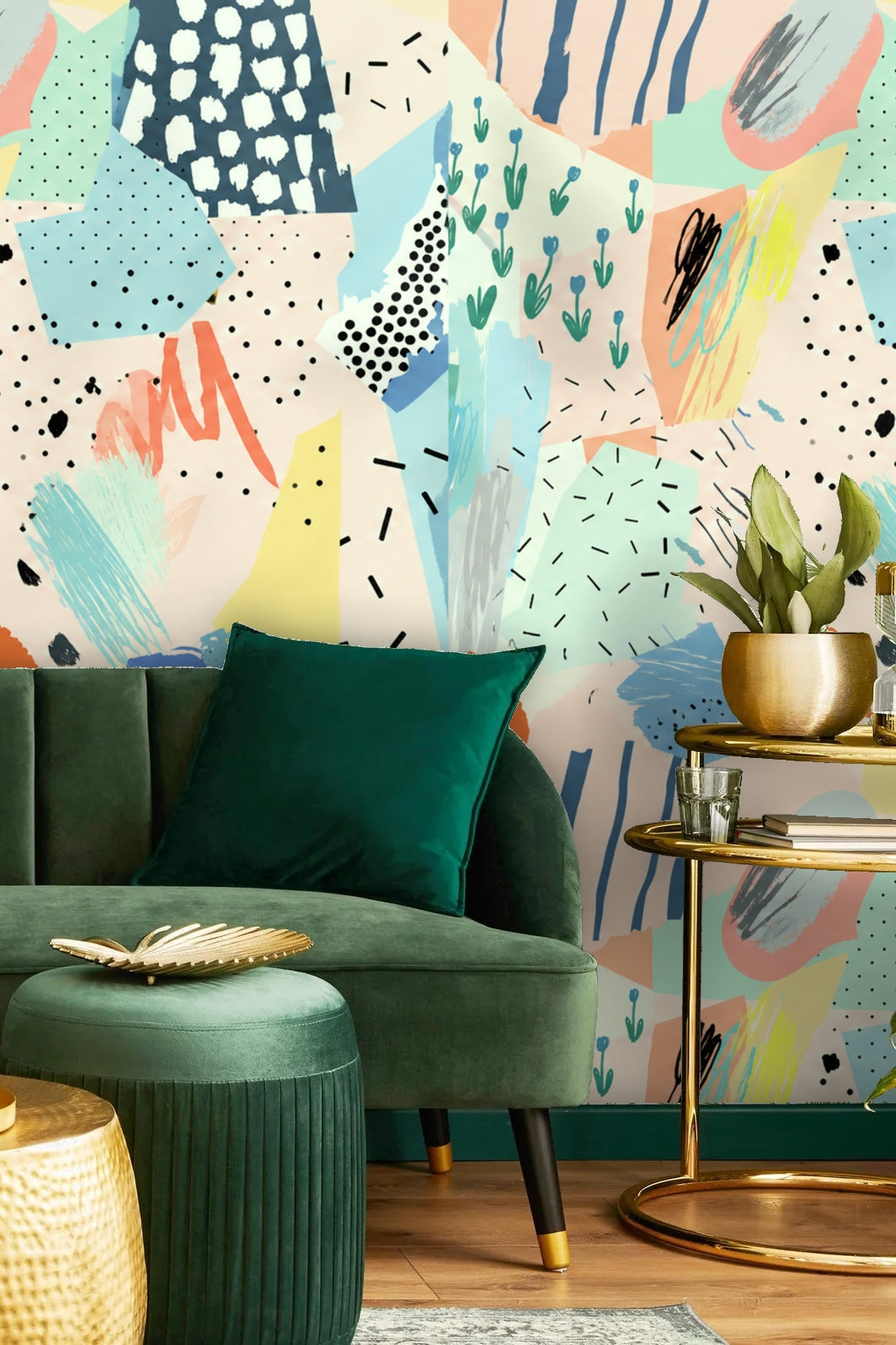 Pastel Collage Mosaic wallpaper shown in an interior setting