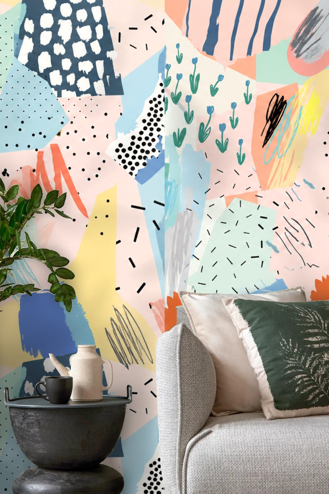 Pastel Collage Mosaic wallpaper shown in an interior setting