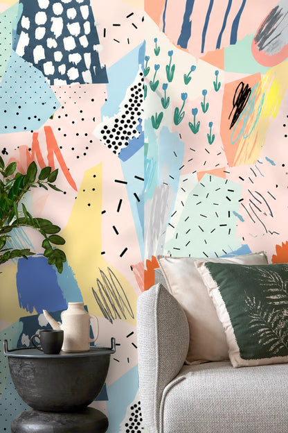 Pastel Collage Mosaic wallpaper shown in an interior setting