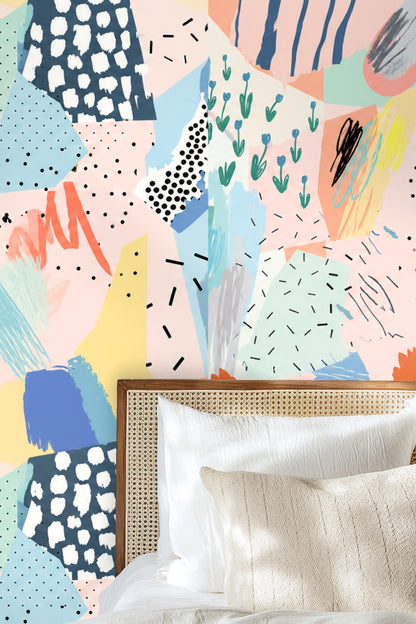 Pastel Mixed-Media Collage Pattern artwork detail showing layered colorful patches and hand-drawn marks