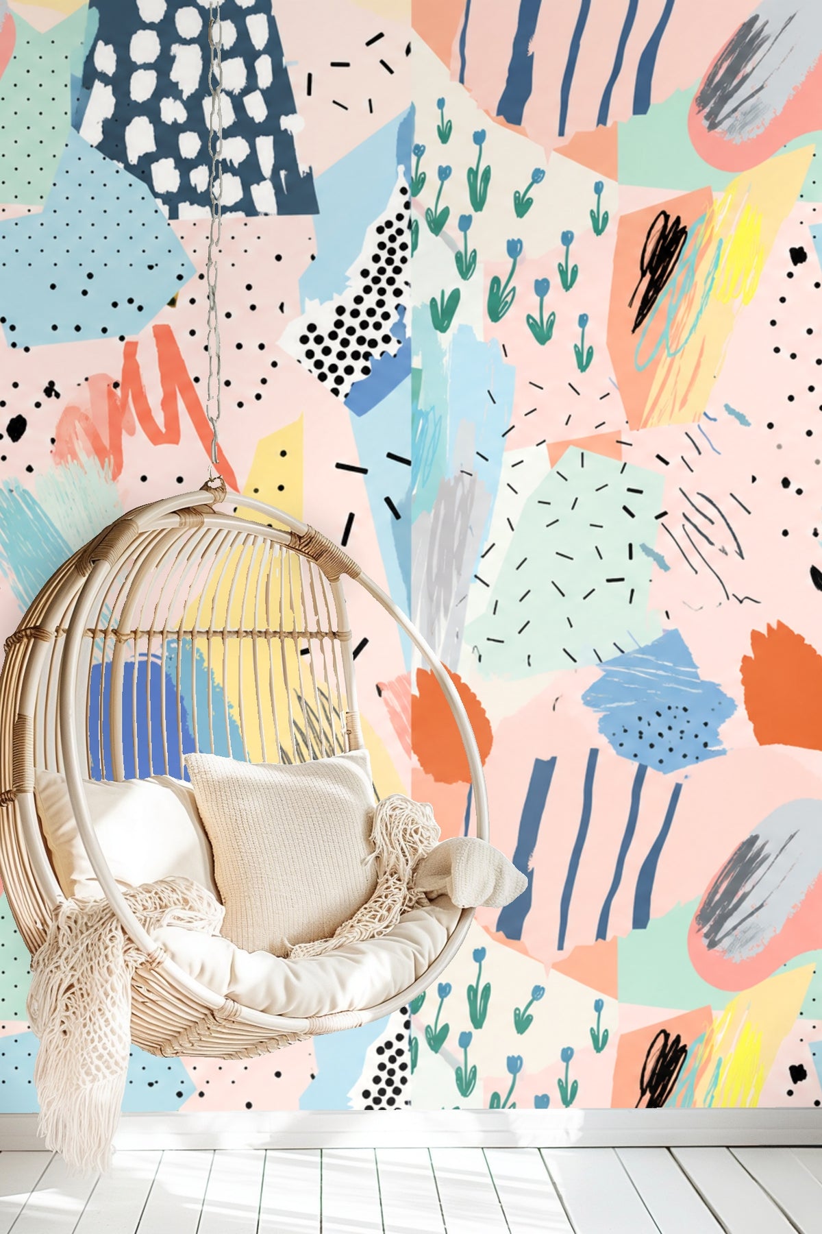 Pastel Collage Mosaic wallpaper shown in an interior setting
