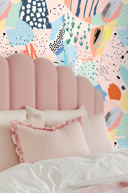 Pastel Collage Mosaic wallpaper shown in an interior setting