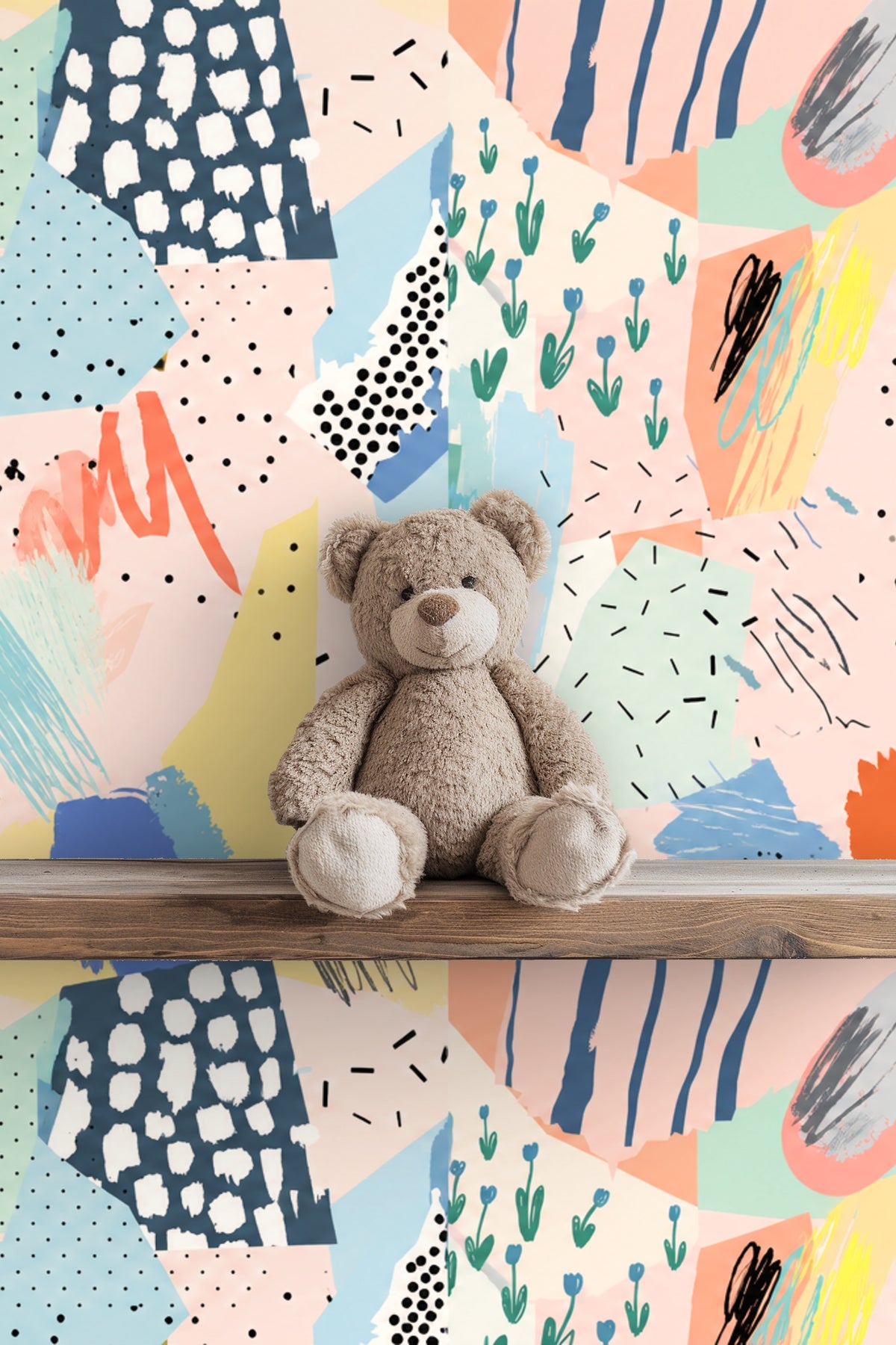 Pastel Collage Mosaic wallpaper shown in an interior setting
