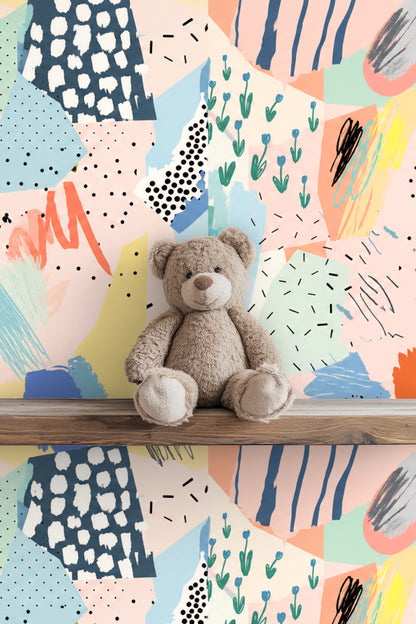 Pastel Collage Mosaic wallpaper shown in an interior setting
