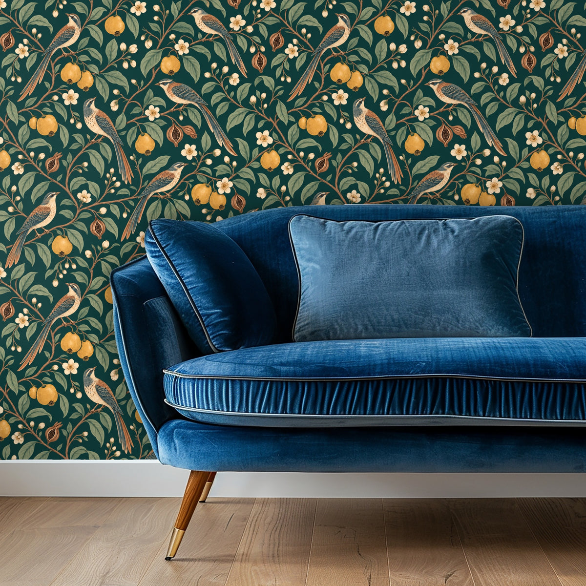 Living room vignette showing a deep blue velvet sofa against the Quince & Skylark wallpaper accent wall