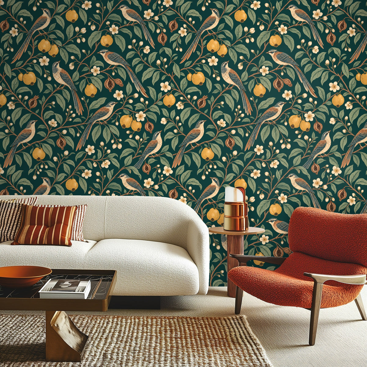 Close-up of Quince & Skylark pattern: birds perched among quince, cream blossoms and sage leaves on deep teal background