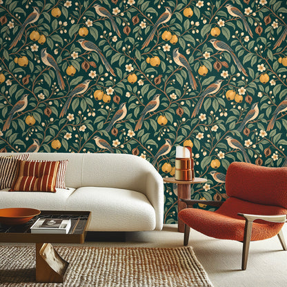 Close-up of Quince & Skylark pattern: birds perched among quince, cream blossoms and sage leaves on deep teal background
