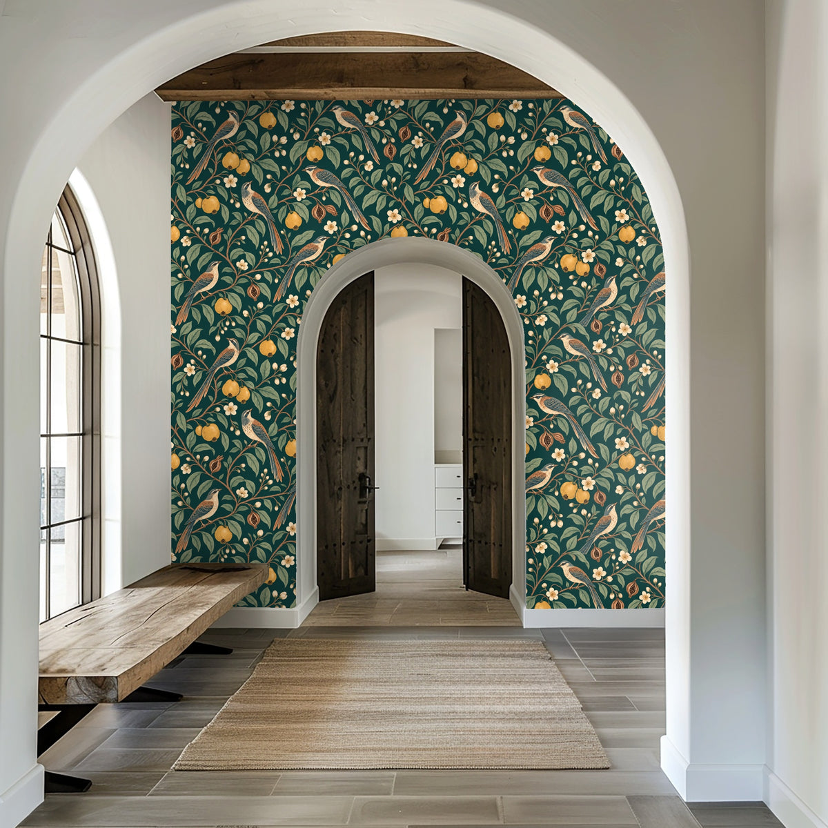 Arched entryway wrapped in the quince-and-bird wallpaper demonstrating scale and dramatic color