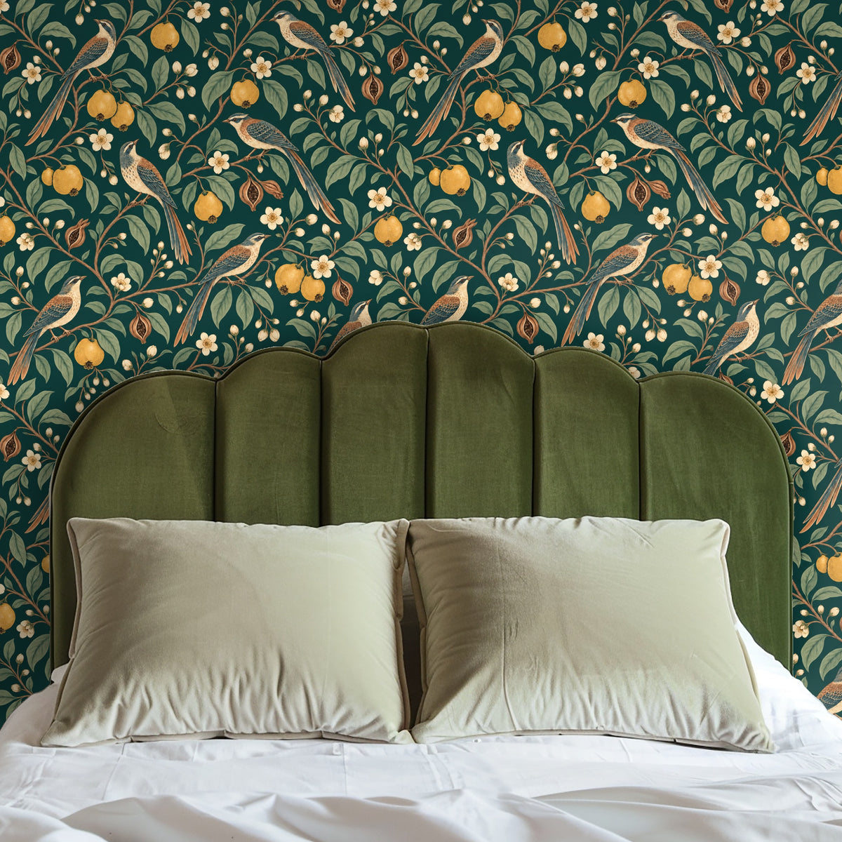 Tight detail of the repeat: long-tailed birds, golden fruit and layered foliage on a jewel teal field
