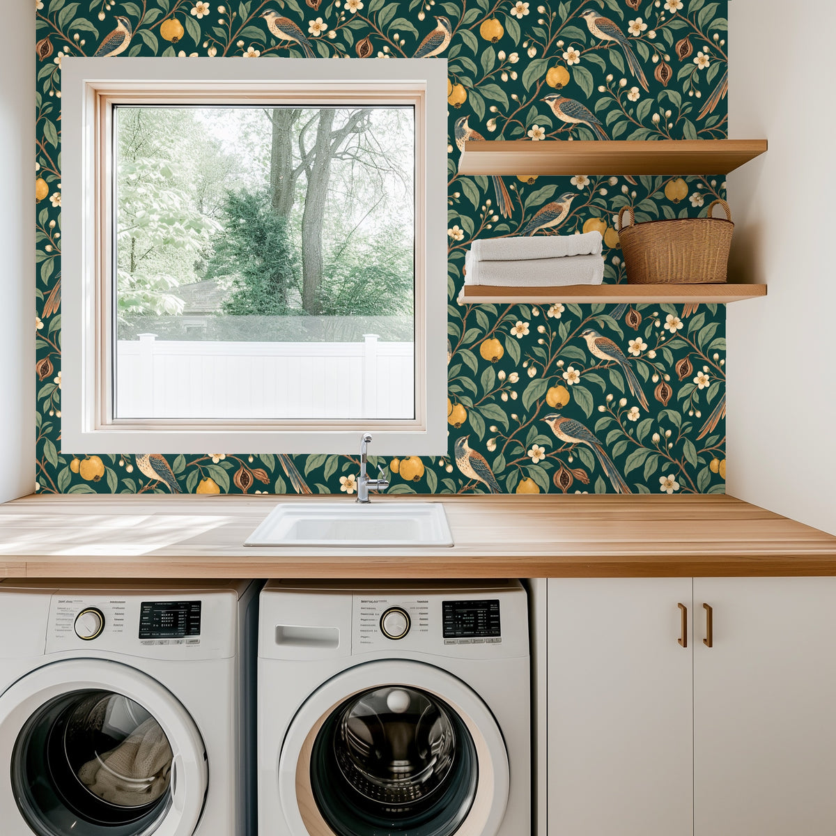 Laundry room view with the botanical wallpaper behind a wood countertop and front-loading washer and dryer