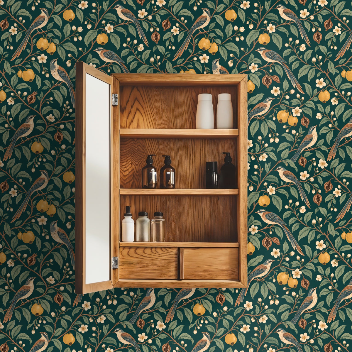 Bathroom medicine cabinet open against the patterned wallpaper, showing the repeat at a small scale