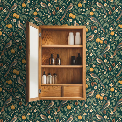 Bathroom medicine cabinet open against the patterned wallpaper, showing the repeat at a small scale