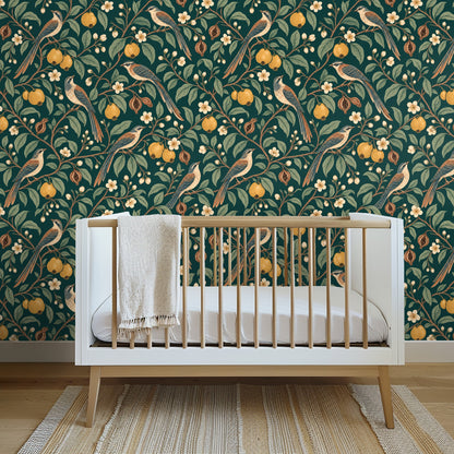 Hallway scene with wooden bench and arch framing the botanical wallpaper for a bold first impression