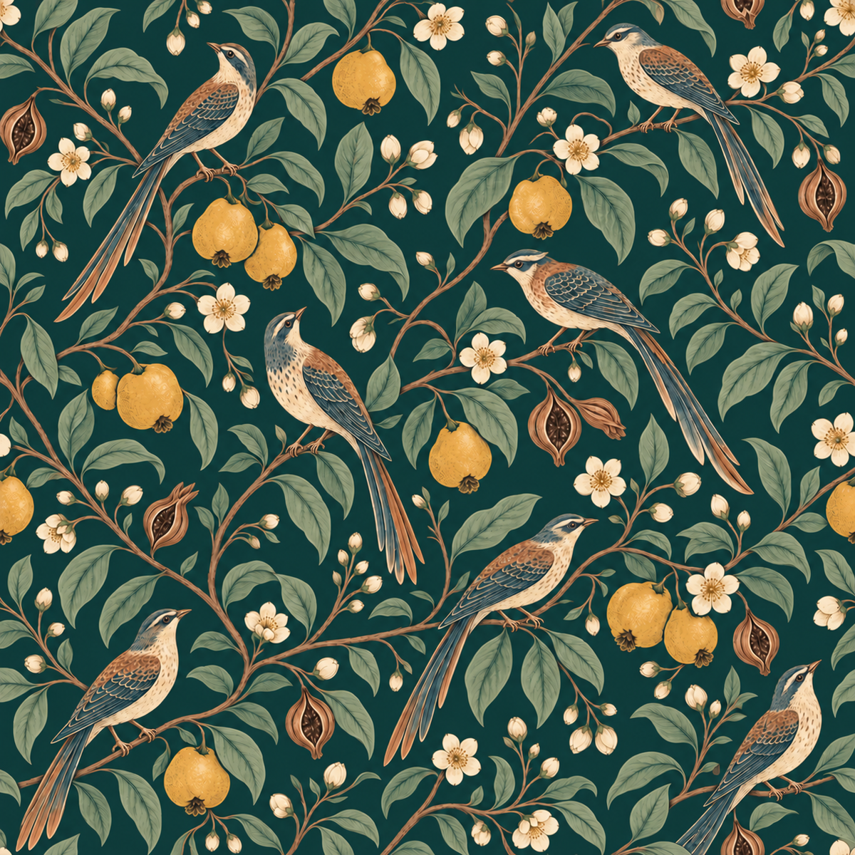 Flat tile view of the repeat pattern showing motif alignment and color palette of teal, gold, sage and cream
