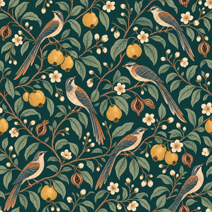 Flat tile view of the repeat pattern showing motif alignment and color palette of teal, gold, sage and cream