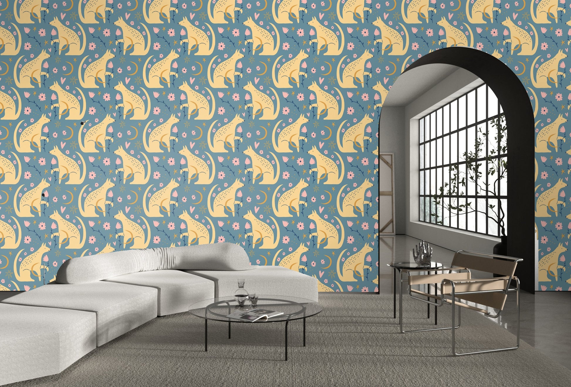 Room scene demonstrating how the motif scales at standard ceiling height and reads from across the room