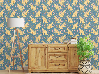 Close crop highlighting decorative dots, floral accents, and the fox silhouette on blue-green field