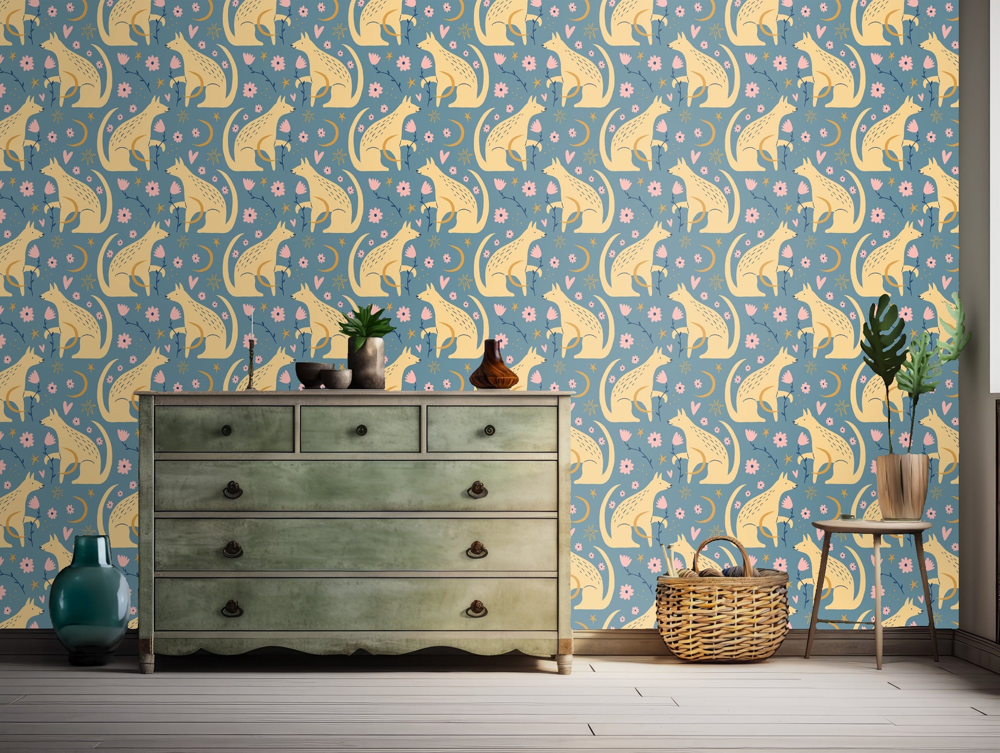 Detailed crop of the repeating fox motif and sinuous floral vine elements at medium scale
