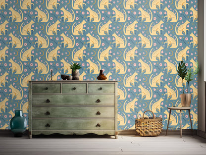 Detailed crop of the repeating fox motif and sinuous floral vine elements at medium scale