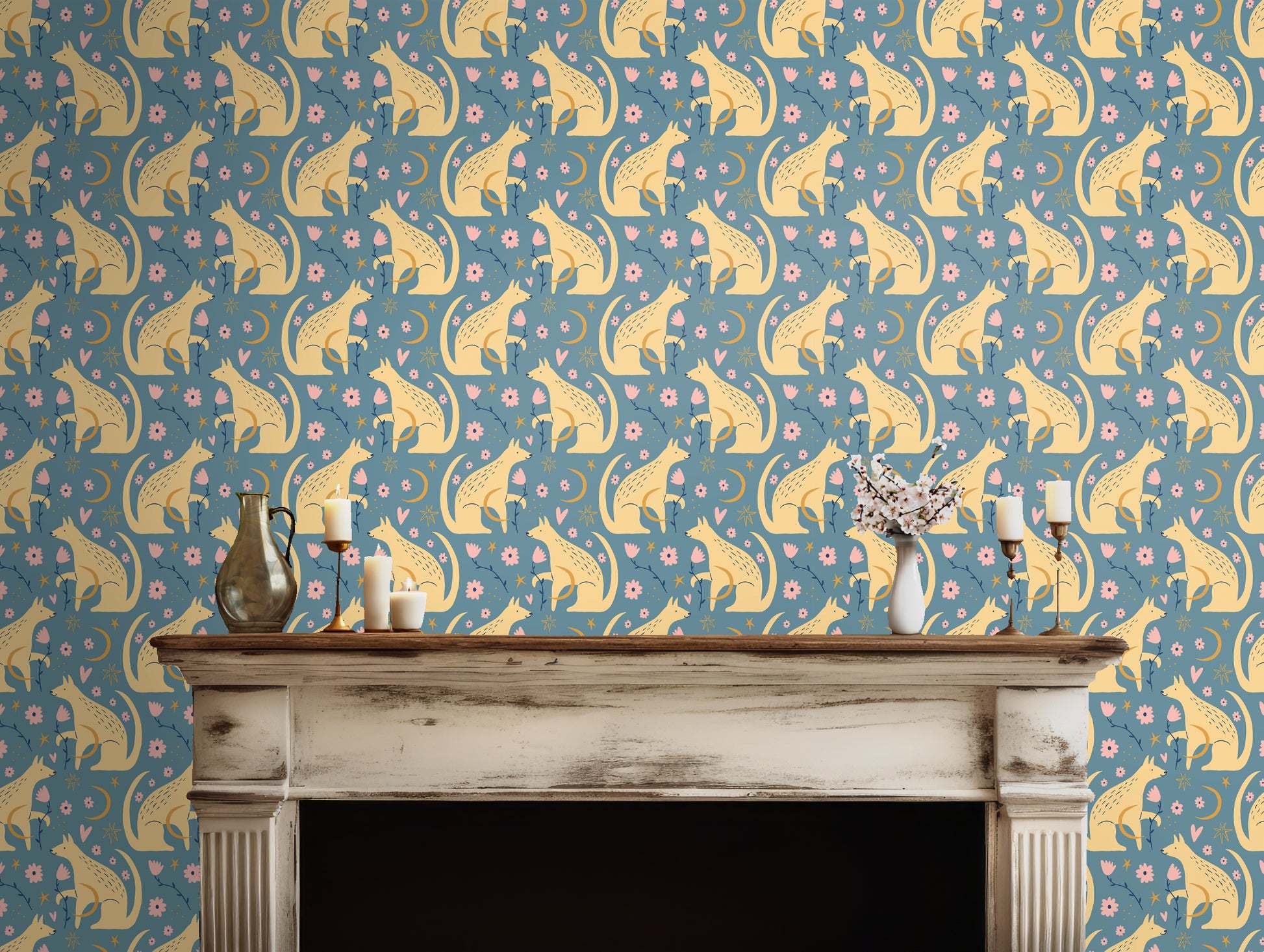 Living room mockup with Saffron Fable wallpaper on an accent wall behind a low modern sofa