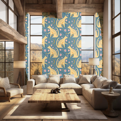 Powder room or bathroom mockup with wallpaper providing a warm, illustrative backdrop to stone surfaces