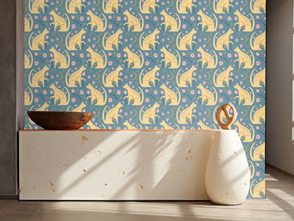 Slim wall installation with sculptural console and sunlight casting soft shadows across the pattern