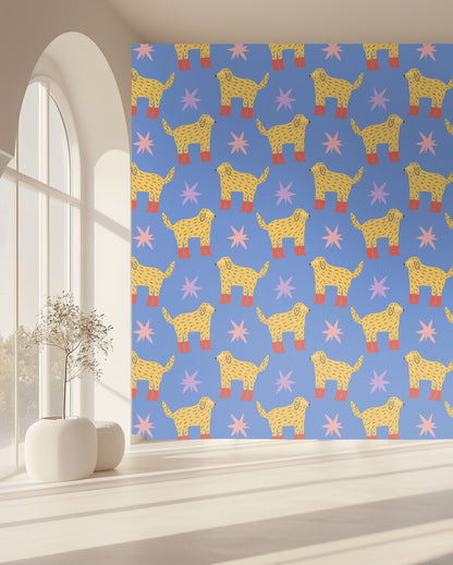 Close-up view of the repeat pattern showing hand-drawn yellow hounds and pink starbursts on a periwinkle background.
