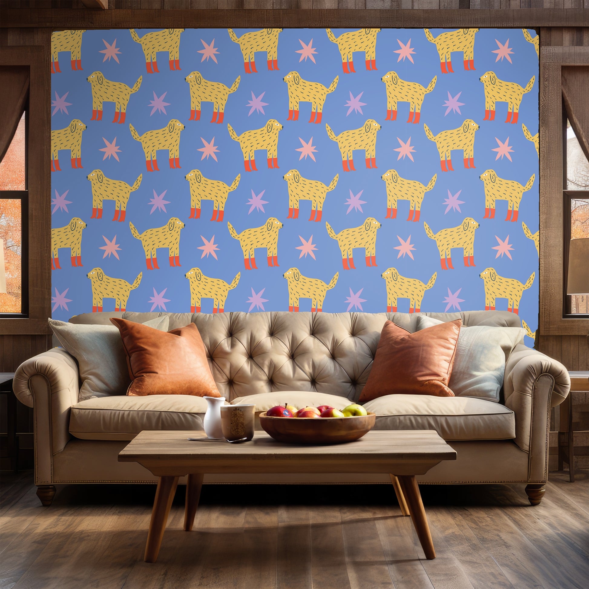 Tall interior mockup showing the wallpaper on an accent wall beside an arched window with natural light.