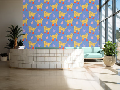 Flat tile of the full pattern repeating across a blue field with golden dogs and coral-pawed feet.