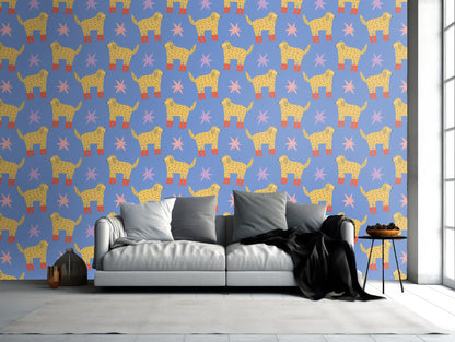Lobby-style mockup with the pattern covering a large wall behind a curved reception desk and seating area.