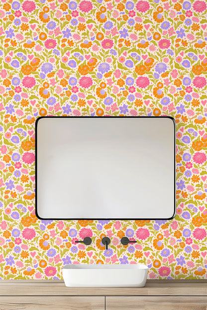 Happy, rhythmic arrangement of retro style flowers and small stars on light cream wallpaper.