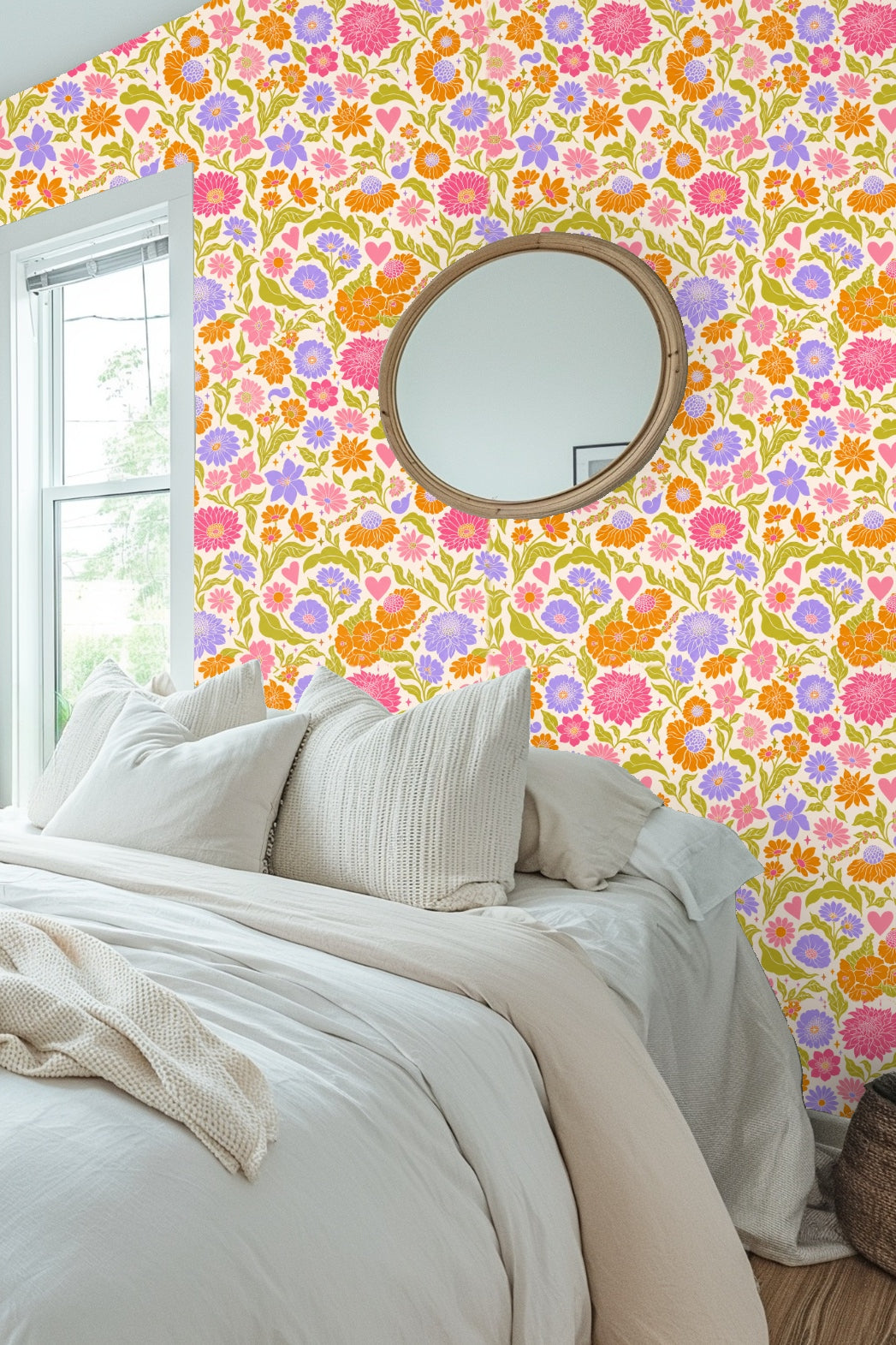 Living room with modern arched doorway featuring Retro Pop Floral Tile wallpaper in bright floral tile pattern behind a white sofa.