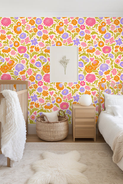 Texture and color contrast of floral tile pattern wallpaper under soft lighting.