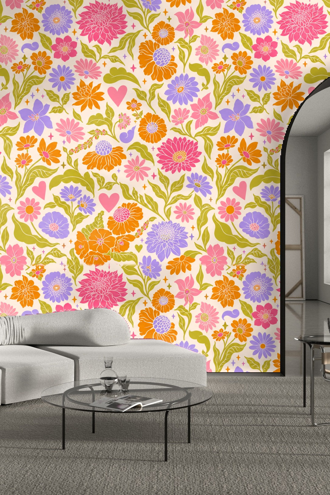Detailed close-up of Retro Pop Floral Tile wallpaper showing pink, orange, purple flowers and olive green leaves on cream background.