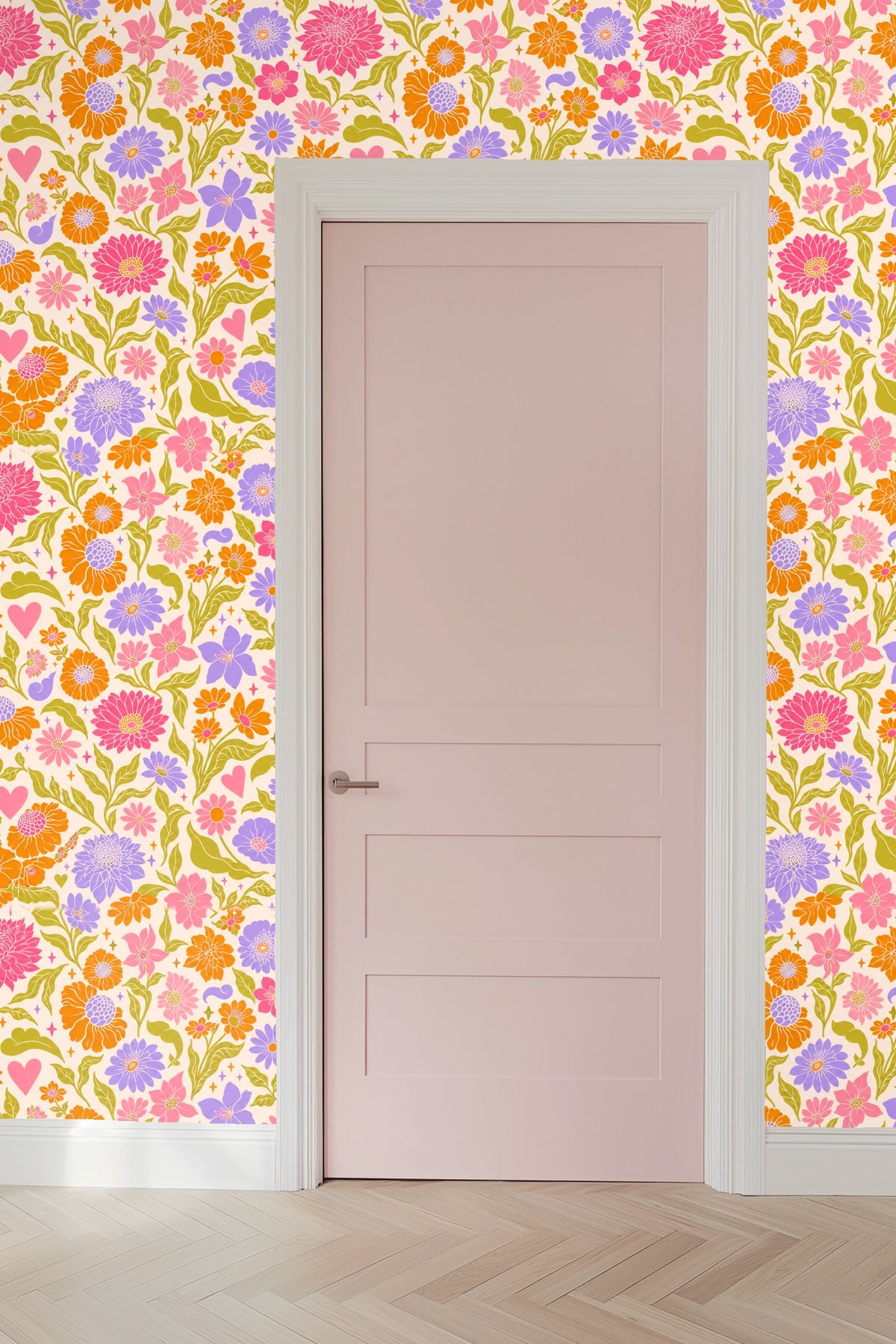 Pattern repeat showing varied flower sizes and sparkle-like accents in the wallpaper design.