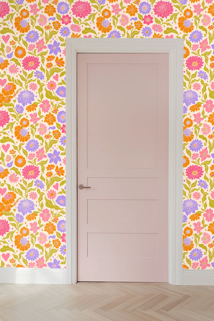 Pattern repeat showing varied flower sizes and sparkle-like accents in the wallpaper design.