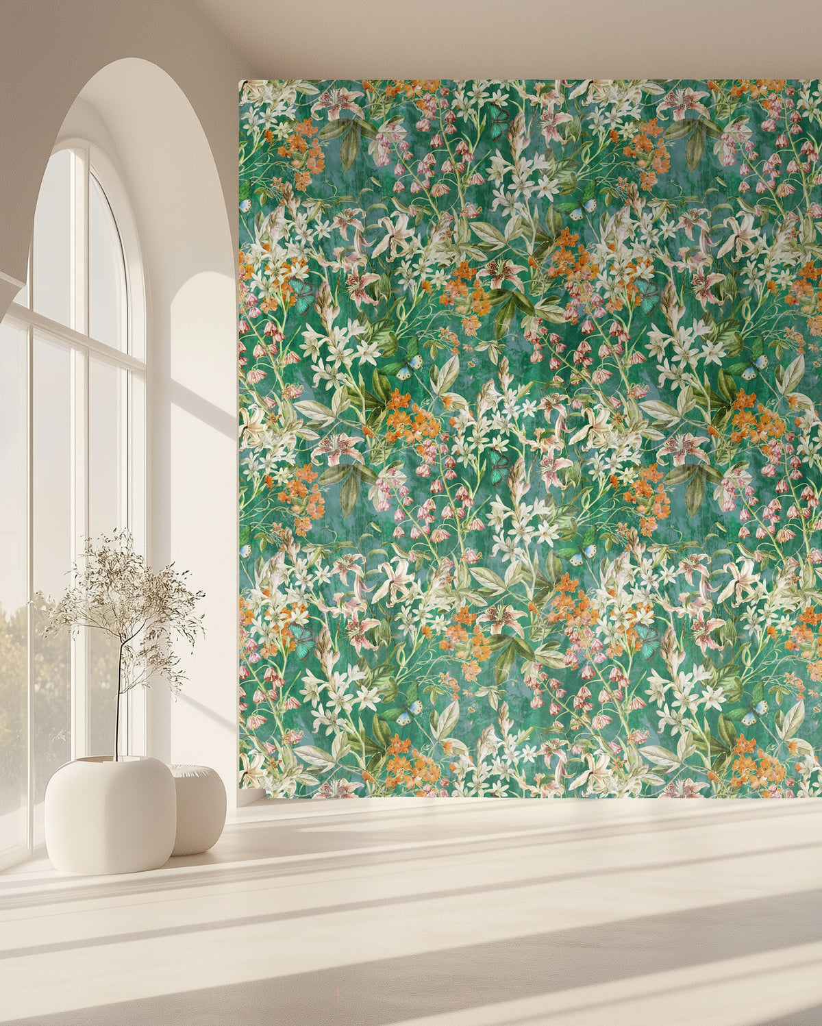Styled living room with a neutral sofa set against a full-width floral wallpaper accent wall.