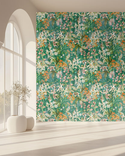 Styled living room with a neutral sofa set against a full-width floral wallpaper accent wall.