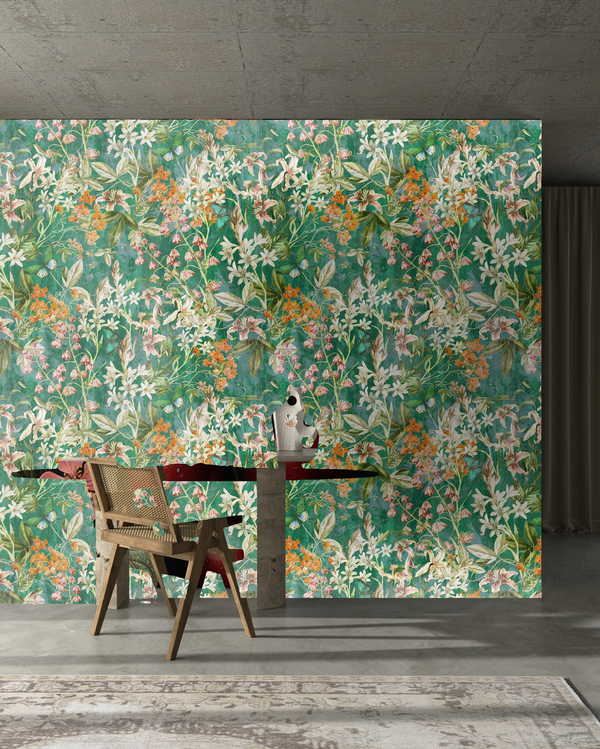 Seam repeat image emphasizing the rhythm of stems and clusters of blooms across a wide wall.