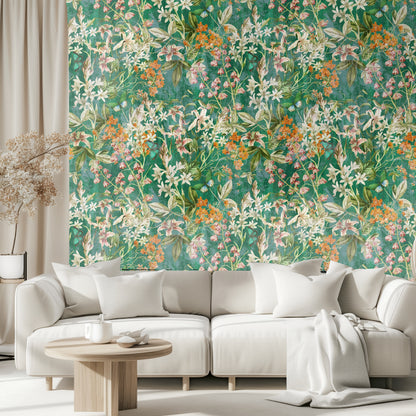 Vintage-style pale blue sofa with a dog lounging in front of the botanical wallpaper.