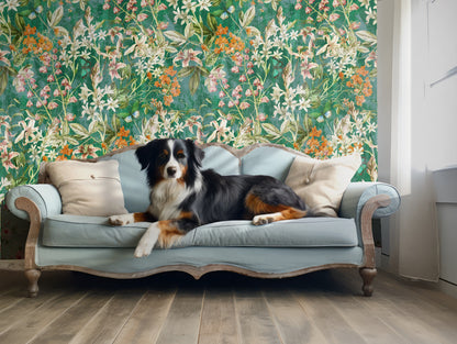 Full repeat view of the floral wallpaper revealing dense, layered blossoms and butterflies across a deep teal wash.