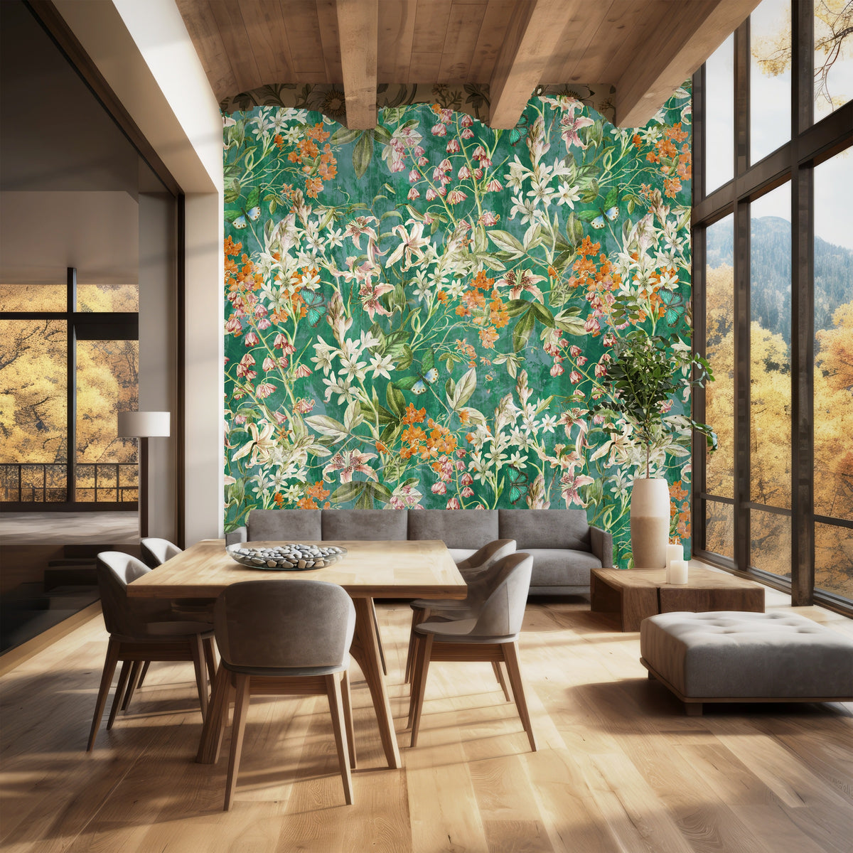 Tall-wall mockup with arched window and sunlight falling on the large-scale floral mural.