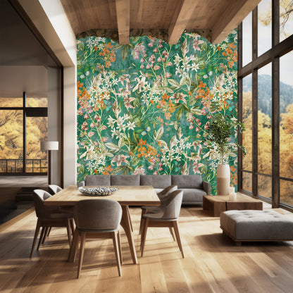 Tall-wall mockup with arched window and sunlight falling on the large-scale floral mural.